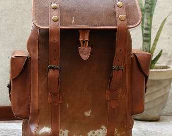 Cowhide Hair on Backpack Distressed Leather Brown Daily Daypack Shoulder Travel Bag Adjustable Detachable Strap Bag