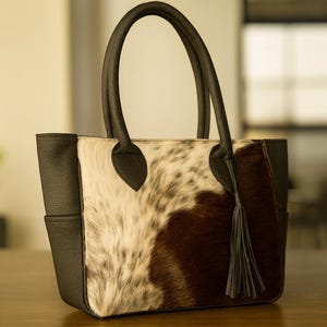 Cabas en cuir de vachette tricolore fait main : grand sac à bandoulière en cuir
