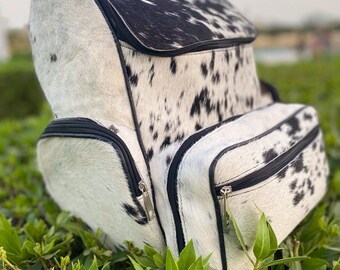 Handmade Cowhide Leather Backpack, Black & White Shoulder Diaper Travel Bag, Laptop Backpack, Hand Carry Bags, Front Pocket Daypack