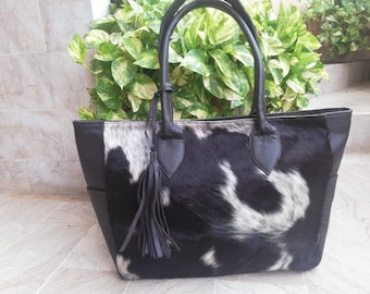 Handmade Cowhide Tote Bag: Black & White Hair-On-Hide Leather Shoulder Bag