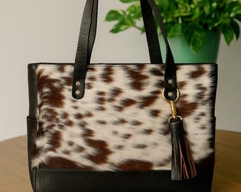 Handmade Tricolor Cowhide Tote Bag: Hair-On-Hide Leather Shoulder Bag