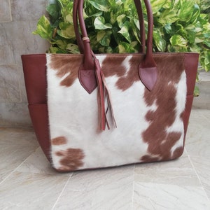 Bolso de mano de piel de vaca para mujer, bolso de hombro de piel de vaca hecho a mano, bolso de mano de pelo de vaca, bolso de mano de piel de vaca marrón y blanca, bolso de cuero grande, bolso tipo monedero