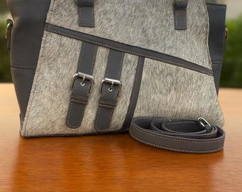 Cowhide Leather Tote Bag: Hair-On-Hide Gray Purse