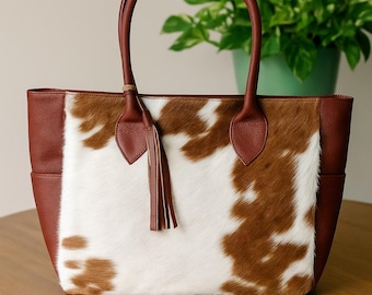 Handmade Cowhide Tote Bag: Hair On Hide Leather Shoulder Bag