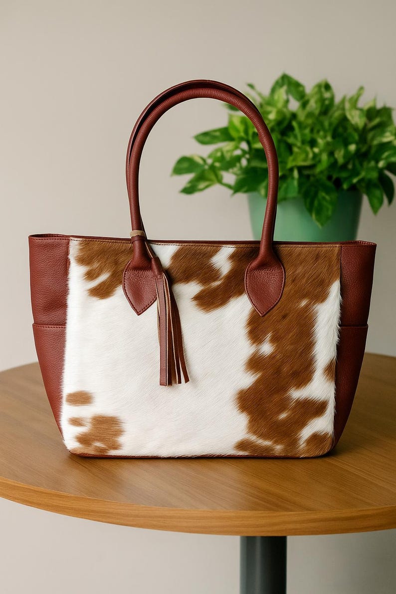 Handmade Cowhide Tote Bag: Hair On Hide Leather Shoulder Bag image 1