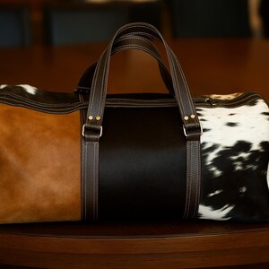 Tricolor Cowhide Leather Duffle Bag: Large Patchwork Travel Gym Bag