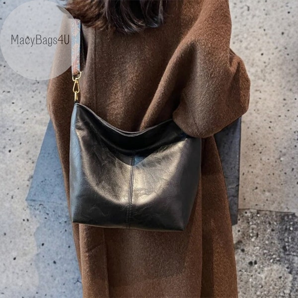 Classy Leather Crossbody Bag - Everyday Work Bag, Wide Strap Bucket Bag, Messenger Bag With Zipper, Weekender Shoulder Bag, Work Leather Bag