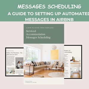 May include: A guide to setting up automated messages for Airbnb hosts, with a cover image showing a modern living room with a sectional sofa and a large window. The guide includes tips on how to schedule messages, create templates, and personalize your communication with guests.