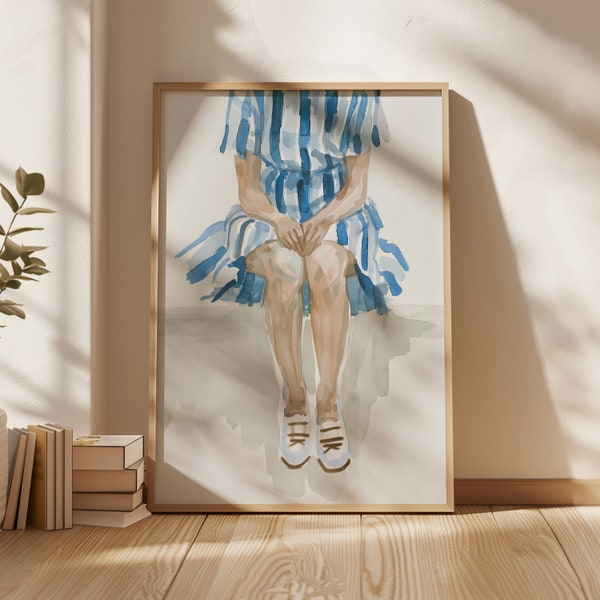 Navy Blue Abstract Print, Printable Wall Art, Watercolour Brush Stroke Painting, Coquette Print, Blue Stripe Dress People Art, Female Figure