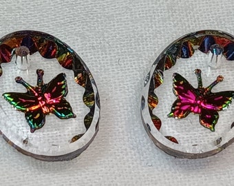 Vintage Glass Oval Pendant Butterfly Multi-Color Helio Intaglio Design 14mm x 10mm x 3mm thick perfect for necklaces and earrings.