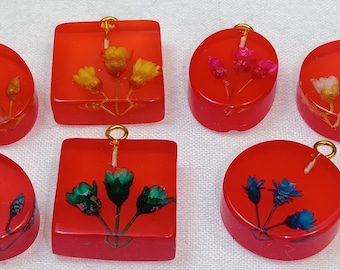 Vintage Red Lucite Pendants with dried flowers perfect for necklaces and earrings