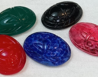 Vintage Glass Cabochons Carved Glass Egyptian Style Scarab 24mm x 18mm From Japan for crafts and mounting for pendants brooches and rings