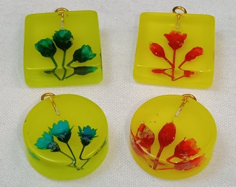 Vintage Light Green & Yellow Lucite Pendants with dried flowers perfect for necklaces and earrings.