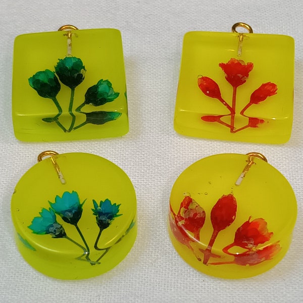 Vintage Light Green & Yellow Lucite Pendants with dried flowers perfect for necklaces and earrings.