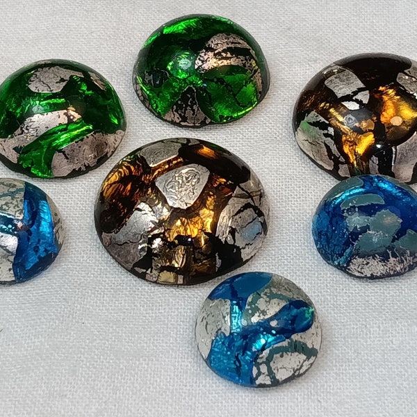 Vintage Glass Cabochons Crackle effect with silver foil Perfect for mounting in findings for pendants brooches rings and crafts