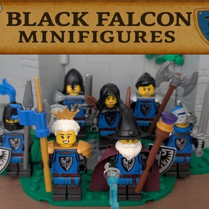 May include: A collection of Black Falcon minifigures, including knights and a wizard, are displayed on a green base. The figures are clad in blue and black armour, and hold weapons such as swords, axes, and spears. The banner above reads "BLACK FALCON MINIFIGURES".