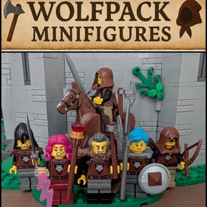 May include: A display of Wolfpack Minifigures, depicting medieval characters with armour and weaponry. The figures include a knight on horseback, archers, and warriors, set against a castle background.