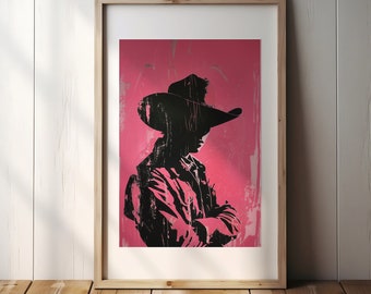 May include: A black silhouette of a person wearing a cowboy hat and a jacket, standing against a pink background.