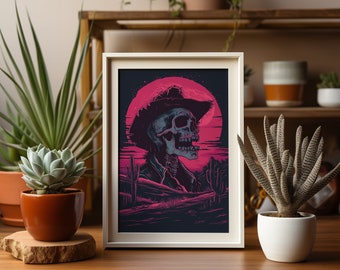 May include: Framed art print featuring a stylized illustration of a skeleton wearing a cowboy hat against a pink sunset backdrop. The artwork includes desert cacti and a wooden fence, with a dark blue sky. The frame is white.