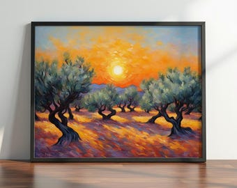 Olive Grove Sunset Art Poster: Vibrant Mediterranean Wall Art. Impasto Farmhouse Decor