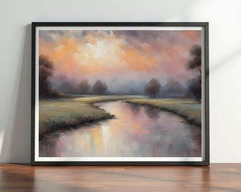 Impresión artística de Misty River: Póster con paisaje de atardecer en tonos pastel