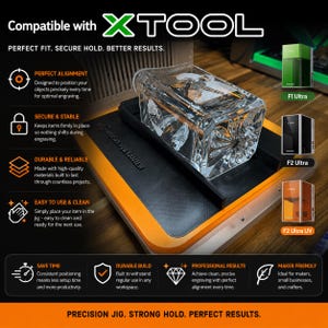 May include: A black and orange precision jig for laser engraving, featuring a rectangular base with a raised edge. A clear glass whiskey decanter sits inside the jig. Text includes Compatible with XTOOL, PERFECT FIT. SECURE HOLD. BETTER RESULTS., and PRECISION JIG. STRONG HOLD. PERFECT RESULTS.