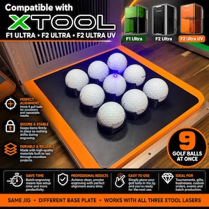 May include: A black plastic jig with nine circular holders for golf balls, featuring an orange border. The device is compatible with xTool F1 Ultra, F2 Ultra, and F2 Ultra UV laser machines. It holds nine golf balls at once for engraving.