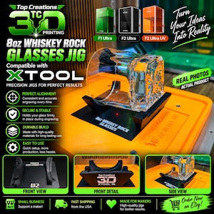 Könnte beinhalten: Eine schwarze 3D-gedruckte Vorrichtung für 236 ml Whiskey-Gläser, konzipiert für xTool Lasergravurmaschinen. Die Vorrichtung verfügt über eine stabile Basis mit geschwungenen Halterungen, um ein Glas für präzise Markierungen zu fixieren.