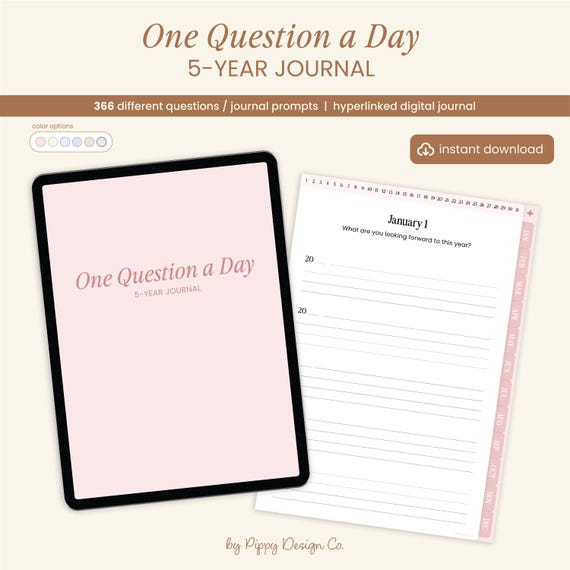 One Question a Day | A 5-Year Daily Journal | 366 Prompts & Questions | Hyperlinked PDF File for Goodnotes, Notability, Noteful, Collanote