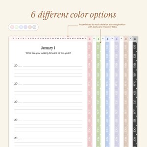 May include: A planner with monthly tabs, displaying "January 1" and the question "What are you looking forward to this year?" The planner offers six colour options and is hyperlinked for easy navigation.