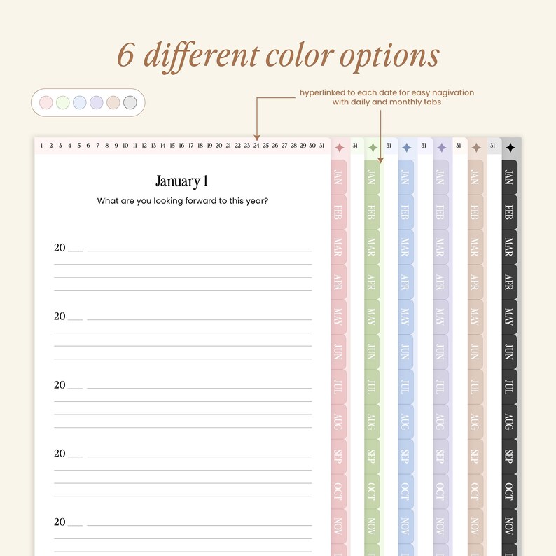 May include: A planner with monthly tabs, displaying "January 1" and the question "What are you looking forward to this year?" The planner offers six colour options and is hyperlinked for easy navigation.