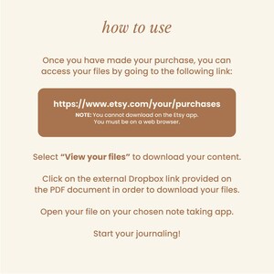 May include: A beige graphic with the text "how to use" at the top. Instructions on how to access and download files after purchase are listed below the title, including a link to Etsy purchases.