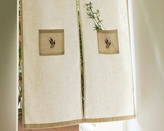 Linen Noren Curtain Lavender Embroidered Japanese Style Room Divider Drapery Farmhouse Decor Rod Pocket