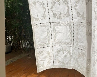 French Embroidered Curtain, Vintage White Cotton, Farmhouse Style