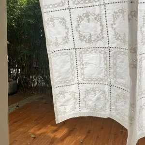 French Embroidered Curtain, Vintage White Cotton, Farmhouse Style