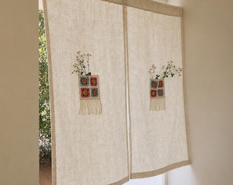 Boho Linen Sheer Curtain with Handmade Floral Patch Trim Rustic Farmhouse Cafe Curtain