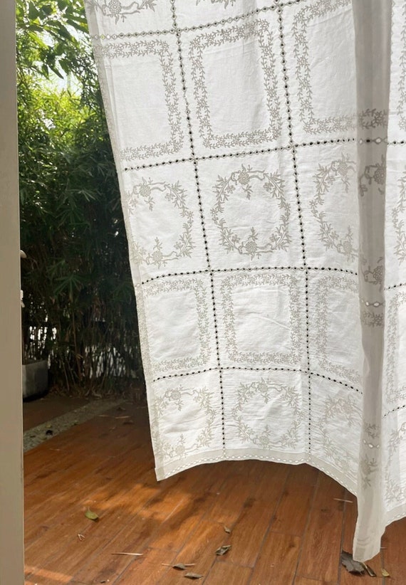 French Embroidered Curtain, Vintage White Cotton, Farmhouse Style