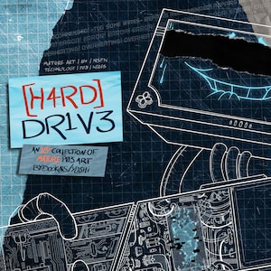 以下が含まれることがあります： 割れた画面を持つコンピューターの青と白のイラスト。コンピューターには「[HARD] DRIV3」と「AN 18+ COLLECTION OF MATURE POS ART BY: DOOKINS/YOSHI」というラベルが貼られています。