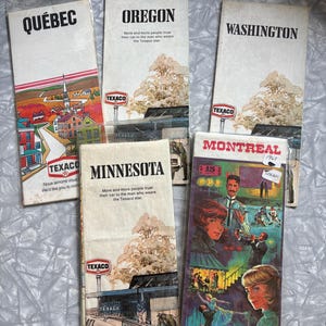 Set mit 5 vintage Texaco Straßenkarten, Montreal, Washington,que, Minnesota, Oregon, 1960er-70er Jahre