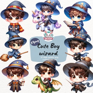 Zauberer Junge Clipart Bundle, Aquarell Zauberer Schule, magischer Junge, Baby Jungen Clipart, süße Junge Clipart, Junge png, Kinderzimmer Dekor Junge, Fantasy png