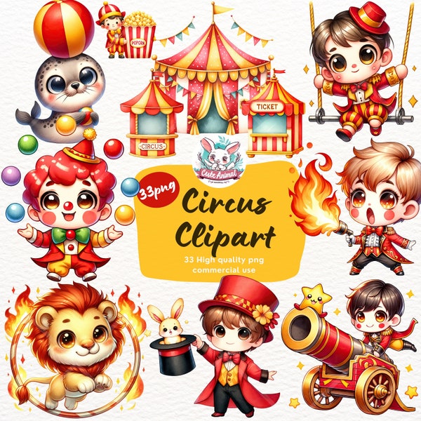 Watercolor Circus Clipart, circus animal clipart, little clown, Circus Party Tent, Carnival Clipart, Circus Baby Shower, Ringmaster Animals