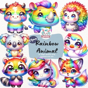 clipart de animais arco-íris em aquarela, animal colorido, animal fofo png, clipart de animais de berçário, animais de chá de bebê, clipart de animais da floresta