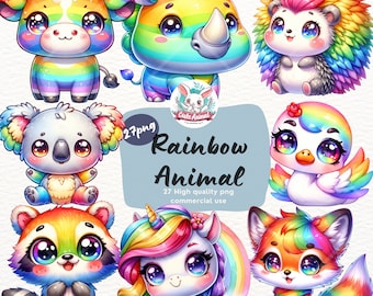 Watercolor Rainbow Animals Clipart: Nursery PNG (Digital Download)