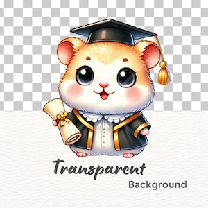 May include: A cartoon hamster wearing a black graduation cap and gown, holding a scroll in its paws. The hamster has large, round eyes and a happy expression.