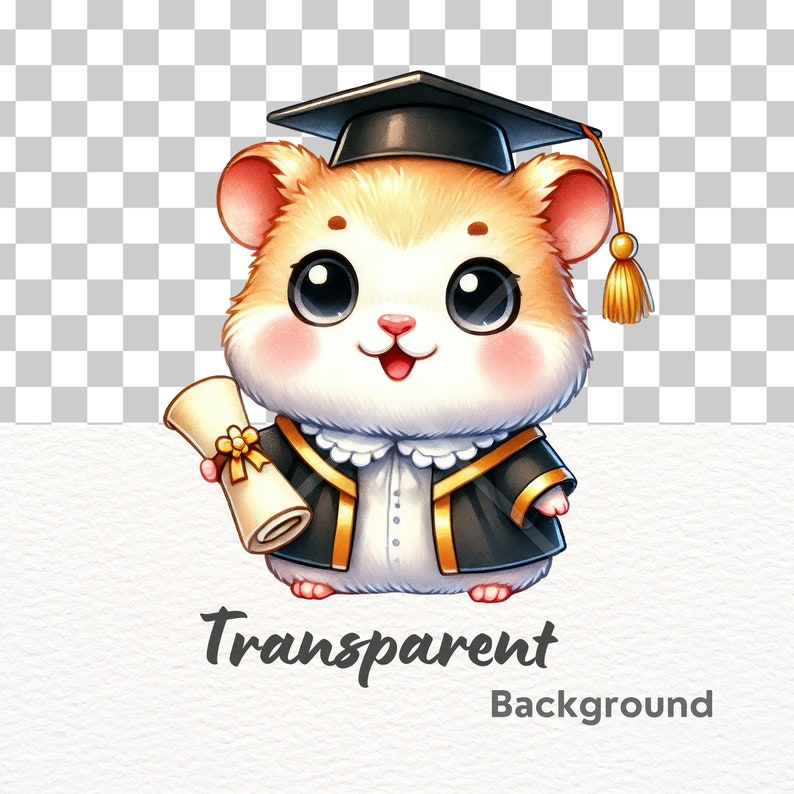 May include: A cartoon hamster wearing a black graduation cap and gown, holding a scroll in its paws. The hamster has large, round eyes and a happy expression.