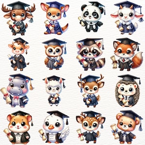 May include: A collection of 16 adorable cartoon animals wearing graduation caps and gowns. Each animal holds a diploma scroll in their paws. The animals include a panda, a deer, a raccoon, a hedgehog, a llama, a goat, a duck, a hamster, a fox, a cow, an owl, a hippo, and a bear.