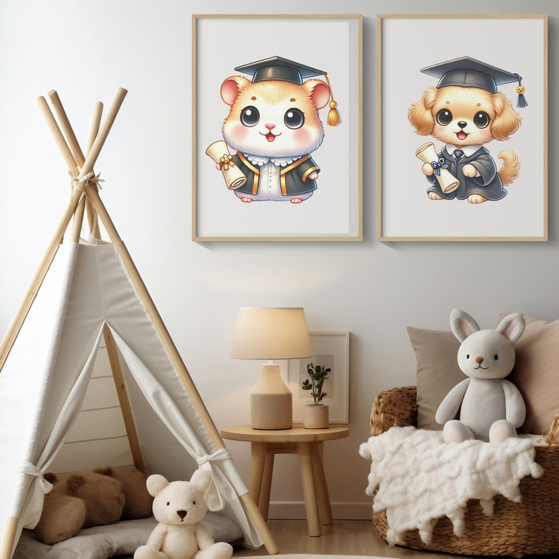 May include: Two framed prints of cartoon animals wearing graduation caps and gowns. The print on the left features a hamster holding a diploma. The print on the right features a dog holding a diploma.