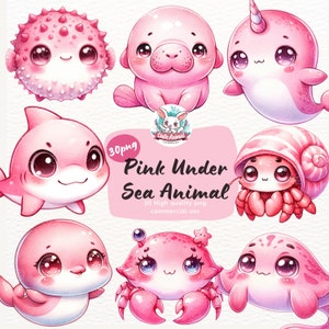 Rosa unter dem Meer Tiere Aquarell Clipart Bundle, Ozean Tier png, Ozean Kindergarten, Wal, Schildkröte, Hai, Delfin Clipart, Kinderzimmer Tier