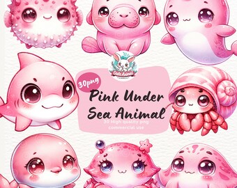 Roze aquarel zeedieren clipartbundel: oceaankwekerij (digitale download)
