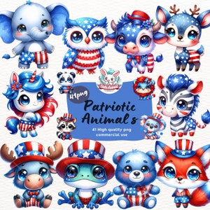 Paquete de imágenes prediseñadas de animales del 4 de julio, animales patrióticos de acuarela, png del Día de los Caídos, imágenes prediseñadas del día de los veteranos, png del 4 de julio, animal americano